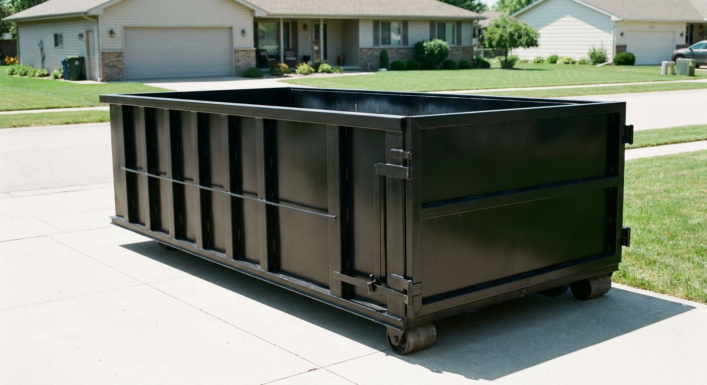 Matte-black 10-yard roll-off dumpster on a residential concrete driveway in Topeka, uniformly painted matte black across every panel and rail, ribbed steel sidewalls and rear swing door visible, mid-day daylight.
