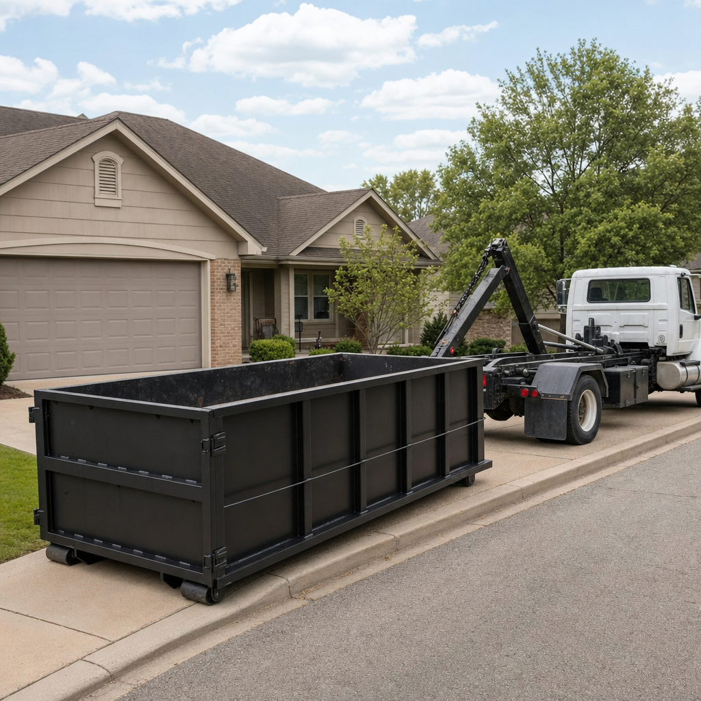Wide documentary shot of a matte-black roll-off dumpster on a Topeka residential driveway in the foreground and a contractor jobsite container in the soft-focus background, bright daylight, calm and orderly composition.